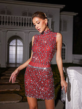 Wade Rhinestone Mesh Skirt Set In Red